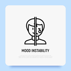 Bipolar disorder, mood instability thin line icon. Mental illness. One half of face is happy, other is crying. Vector illustration.
