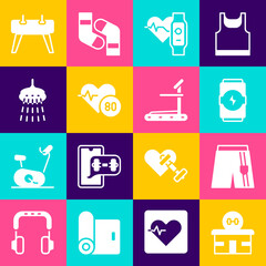 Set Gym building, Short or pants, Energy drink, Smart watch with heart, Heart rate, Shower, Pommel horse and Treadmill machine icon. Vector