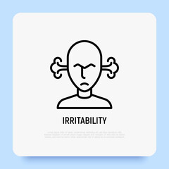 Irritability, annoyance thin line icon: man is angry and steam is coming out from his ears. Burnout, overworked. Vector illustration.