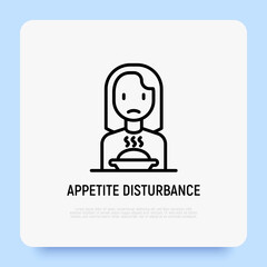 Loss of appetite thin line icon: sad woman sitting in front of plate. Vector illustration of neurosis symptom, depression.