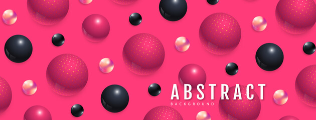 3D abstract black, pink and holographic spheres on pink background. Vector illustration