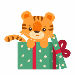 Cute little cartoon tiger in gift christmas box. Happy new year character. Flat vector illustration isolated on white. Funny animal for child's production,stickers,posters and Greeting card.