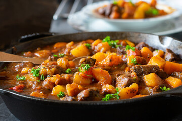 Irish beef stew in a cast iron pan