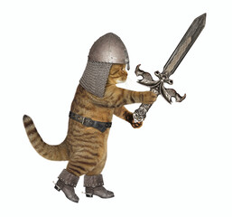 A beige cat in a knight helmet armed with a battle sword attacks. White background. Isolated.