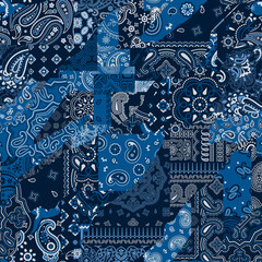 Blue bandana kerchief paisley fabric patchwork abstract vector seamless pattern  - obrazy, fototapety, plakaty