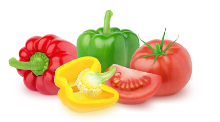 Vegetable composition: tomato and bell peppers on a white background.