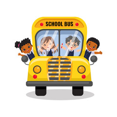 Cute boys and girls riding school bus. Back to school concept. Flat vector cartoon design