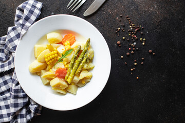 stewed potatoes with vegetables stew no meat ragout home cooking food organic product meal snack on the table copy space food background rustic top view keto or paleo diet veggie vegan or vegetarian