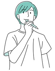 男の子09_02（手描き・鉛筆を持って何かを思いつく笑顔の男性・上半身・ブルー02）