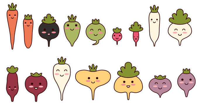 Cute cartoon vegetables. Kawaii root vegetables smile at baby. Beetroot, turnip, radish, rutabaga, daikon to create stickers. Flat outline illustration with sugar beet, margelan radish. Vector clipart
