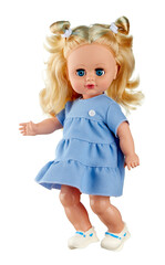 Child's silicone doll of a teenage girl with long blonde hair in a blue dress, standing sideways with an outstretched arm, isolated on a white background.