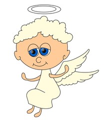 Funny angel isolated on white background. Illustration in cartoon style, has a black outline. The angelic man has a halo and wings, depicted in a sitting position. 