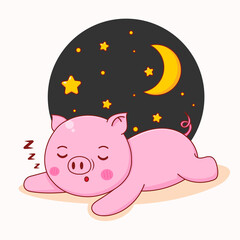 Cute pig sleeping at night cartoon character illustration