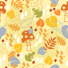 Seamless autumn vector pattern with mushrooms, leaves and berries. Colorful cartoons wallpaper with falling leaves.