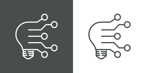 Tecnología electrónica. Bombilla con circuito digital con lineas en fondo gris y fondo blanco