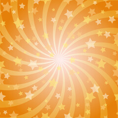 Fototapeta na wymiar Sunlight spiral horizontal background. Orange color burst background with shining stars.
