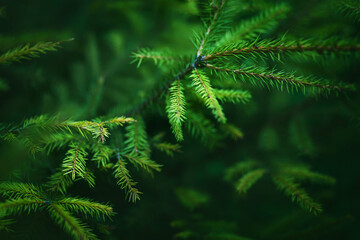 Fragrant branches of spruce with bright green needles grow in a dark coniferous forest in the summer. Nature. Coniferous trees.