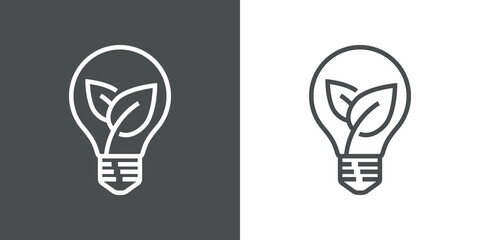 Energía eléctrica natural. Logotipo bombilla con hoja de planta con lineas en fondo gris y fondo blanco © teracreonte