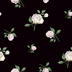 Light realistic delicate roses on a dark background - Seamless watercolor pattern. For textile print or wallpaper design, invitations for wedding, card design. Romantic vintage mood.