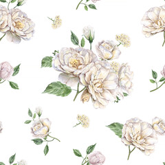 Seamless watercolor pattern with light realistic delicate roses on white background. For textile print or wallpaper design, invitations for wedding, card design. Romantic vintage mood.