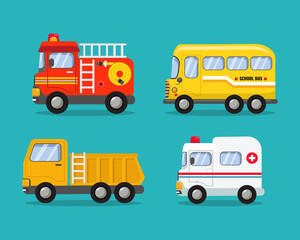 Various cars collection. Firefighter car, school bus, dump truck and ambulance clip art.