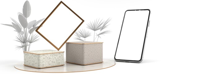 3D rendering of The golden photo frame on Square marble Pedestal, Mobile phone mockup tilted to the ground. Pedestal can be used for commercial advertising, Isolated on Minimal white background.