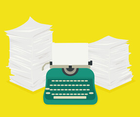 Workplace with typewriter and stacks of paper. Vector illustration.