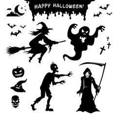 Halloween stickers. Black silhouettes of monsters, objects, elements in vector set. Witch, zombie, ghost, Grim Reaper, pumpkin, witch's hat, skull isolated on white background with bats and cross.