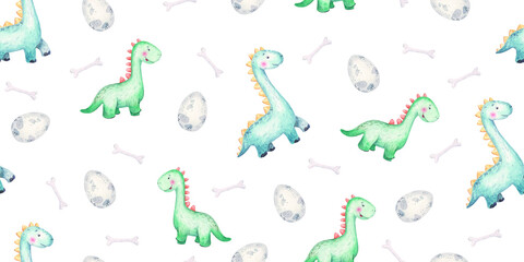 seamless pattern with baby green dinosaurs and clouds, cute baby illustration