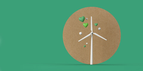 Sustainable energy wind turbine in an eco cardboard landscape. 3D Rendering