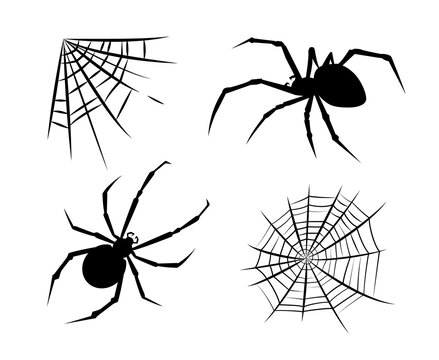 Spider stickers. Spider silhouettes. Halloween. Spiderweb silhouettes spiderweb stickers. Vector set. Black poisonous spider karakurt and spiderweb isolated on white background.