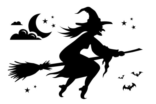 Witch silhouette. Halloween black sticker. Witch flying on a broom. Illustration of flying witch, bats, stars and moon with clouds isolated on white background.