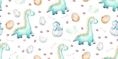 seamless pattern with dinosaurs, eggs, footprints, cute childish illustration
