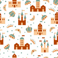 Castle and crown seamless vector pattern. French towels and royal jewelry for print, wrapping paper, fabric, children wallpaper.