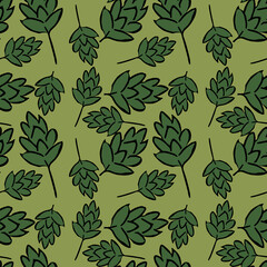 Seamless green leaves pattern. Doodle illustration with green leaves icons on white background. Vintage green leaves pattern, sweet elements background for your project, menu, cafe shop.
