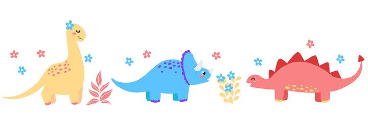Cute colorful dinosaurs vector set in scandinavian style for children. Stegosaurus, Triceratops, Brontosaurus isolated on white.