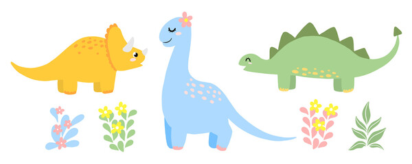 Cute dino vector set in scandinavian style for children. Stegosaurus, Triceratops, Brontosaurus isolated on white.