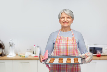 cooking, culinary and old people concept - smiling senior woman in apron with cookies on baking pan over kitchen background
