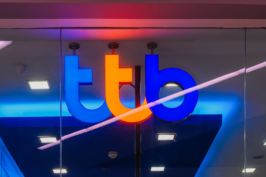 ROI ET, THAILAND - July 10, 2021 :TTB logo on the Robinson department store at Roi Et, Thailand. TTB is a new logo after merging of Thai Military Bank (TMB) and Thanachart Bank.