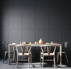 Home interior, dark dining room interior, black empty wall mock up, 3d render
