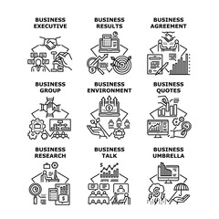 Fototapeta premium Business Research Set Icons Vector Illustrations. Business Research Results And Agreement, Group Talk And Results, Executive And Environment. Professional Occupation Black Illustration