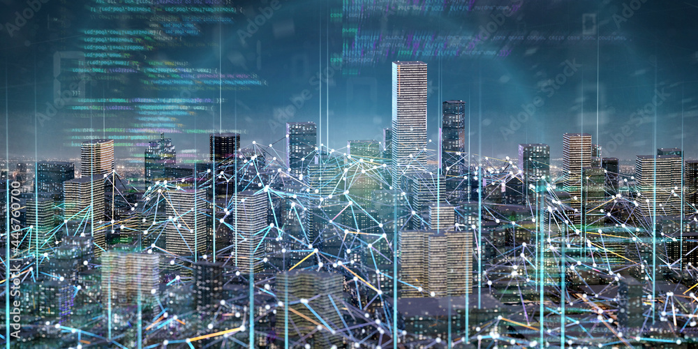 Wall mural smart city with network and communication connection - 3d rendering