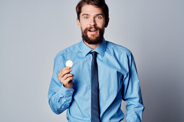 bearded man in shirt with tie cryptocurrency finance electronic money