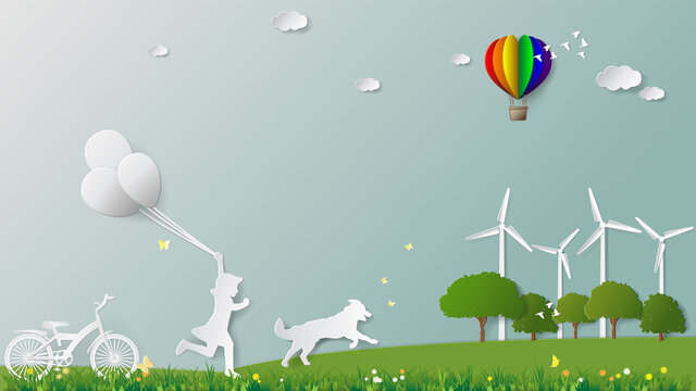 Green renewable energy environmentally friendly sustainable concepts, girl and dog are running holding balloons in meadow which full of wind turbine Paper folding art origami style vector illustration