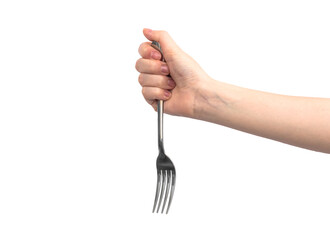 Hand with steel kitchen fork, isolated on a white background photo