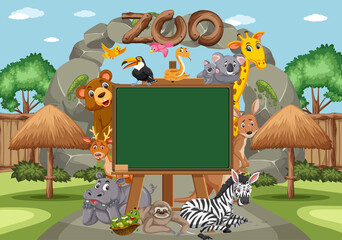 Empty blackboard with various wild animals in the zoo