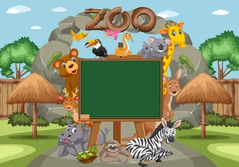 Foto op Canvas Empty blackboard with various wild animals in the zoo © brgfx