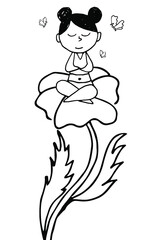 Hand-drawn cartoon girl sitting in lotus position on a large flower, butterflies fly around her