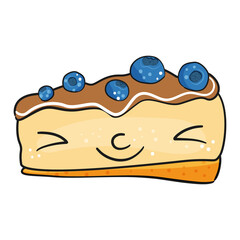 Cute piece of cake with chocolate and blueberries. Vector illustration.