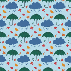 Cute seamless pattern with hand drawn umbrella, rain cloud and autumn leaves. Bad fall rainy weather background. textile